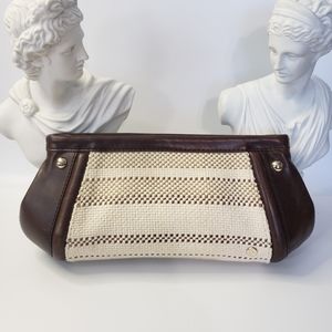 Tre Vero Brown Tan Clutch Wallet Chocolate Leather w/ Textile Primitive 11 x 5